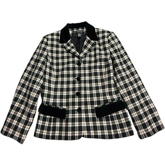 VTG 90s Liz Claiborne Blazer Jacket Wool Academia Plaid Womens Sz 8 Cream Black
